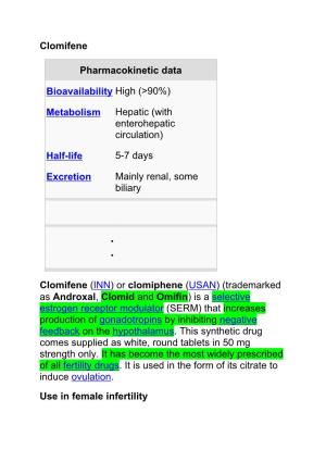 Clomifene Pharmacokinetic Data Bioavailability High (&gt;90