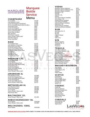 Marquee Bottle Service Menu Prices for Champagne & Liquor