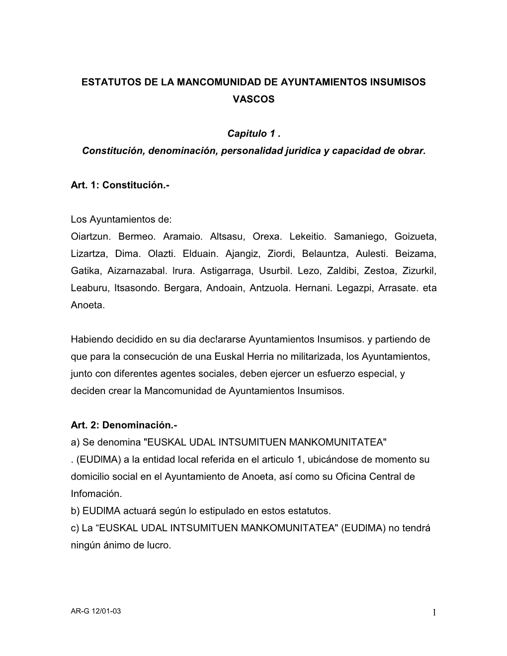 Estatutos De La Mancomunidad De Ayuntamientos Insumisos Vascos