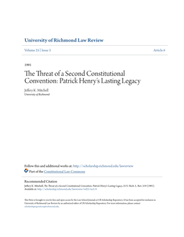 The Threat of a Second Constitutional Convention: Patrick Henry's Lasting Legacy Jeffery K