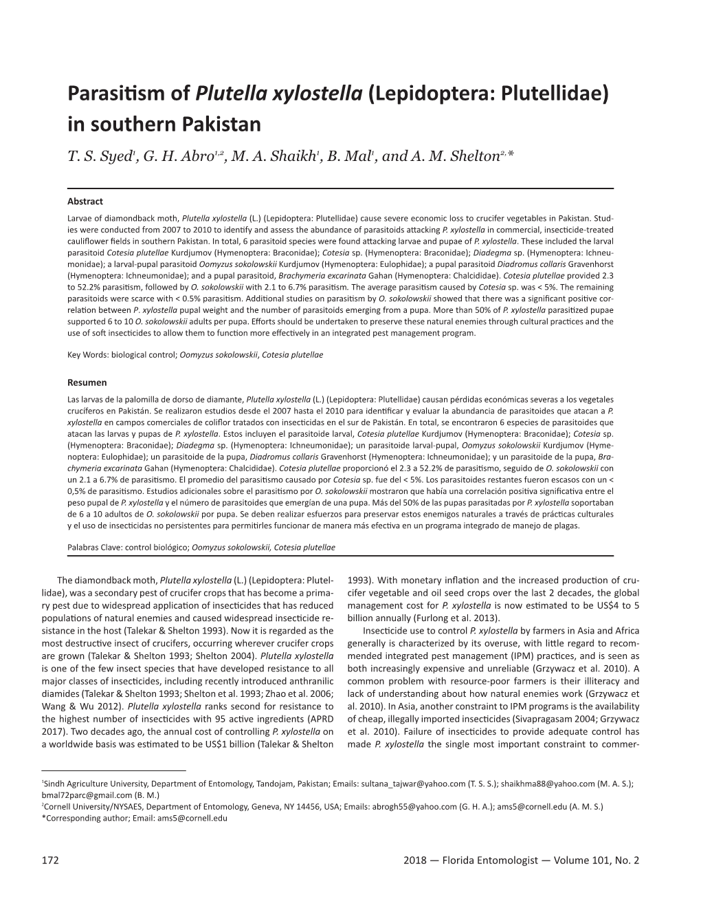 Parasitism of Plutella Xylostella (Lepidoptera: Plutellidae) in Southern Pakistan