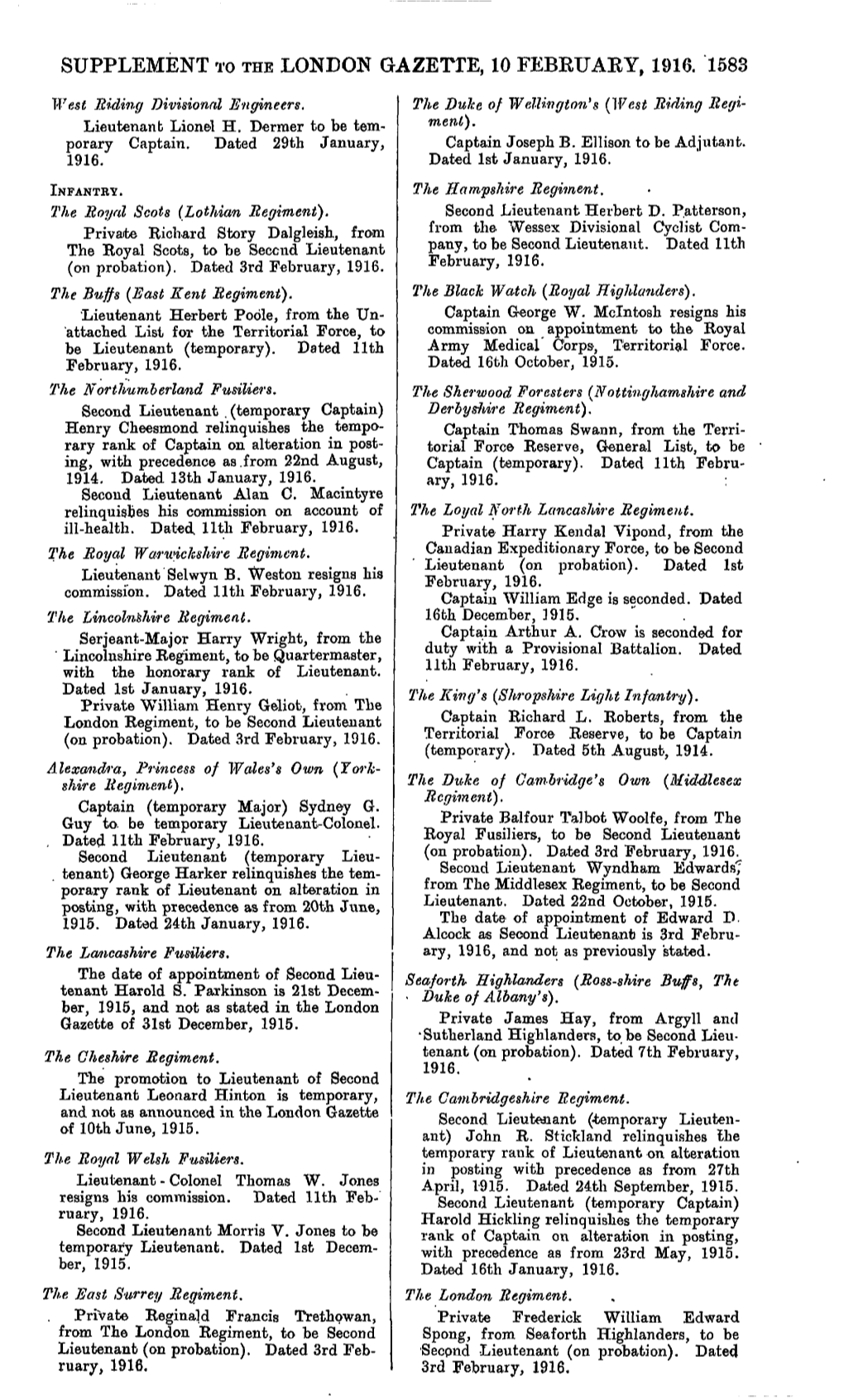 Supplement to the London Gazette, 10 February, 1916