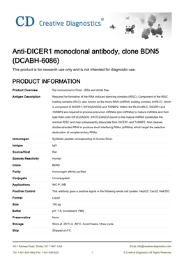 Anti-DICER1 Monoclonal Antibody, Clone BDN5 (DCABH-6086) This Product Is for Research Use Only and Is Not Intended for Diagnostic Use