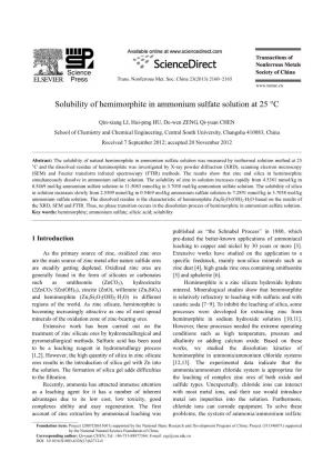 Solubility of Hemimorphite in Ammonium Sulfate Solution at 25 °C