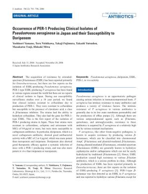 Occurrence of PER-1 Producing Clinical Isolates of Pseudomonas Aeruginosa in Japan and Their Susceptibility to Doripenem