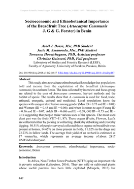 Socioeconomic and Ethnobotanical Importance of the Breadfruit Tree (Artocarpus Communis J. G & G. Forster) in Benin