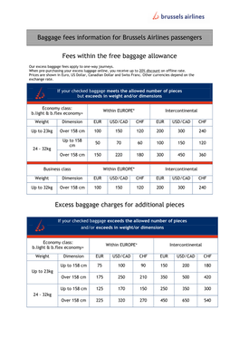 Baggage Fees Information for Brussels Airlines Passengers Fees Within