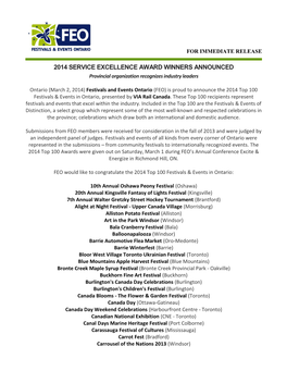 2014 SERVICE EXCELLENCE AWARD WINNERS ANNOUNCED Provincial Organization Recognizes Industry Leaders