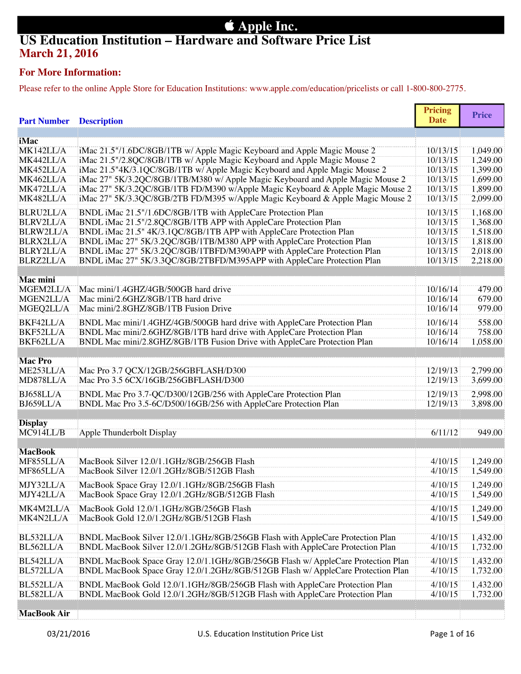 US Education Institution Price List