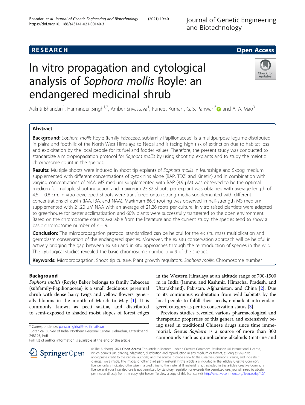 In Vitro Propagation and Cytological Analysis of Sophora Mollis Royle: an Endangered Medicinal Shrub