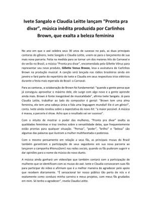 Ivete Sangalo E Claudia Leitte Lançam “Pronta Pra Divar”, Música Inédita Produzida Por Carlinhos Brown, Que Exalta a Beleza Feminina