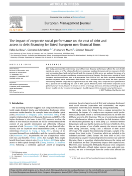 The Impact of Corporate Social Performance on the Cost of Debt and Access to Debt ﬁnancing for Listed European Non-ﬁnancial ﬁrms