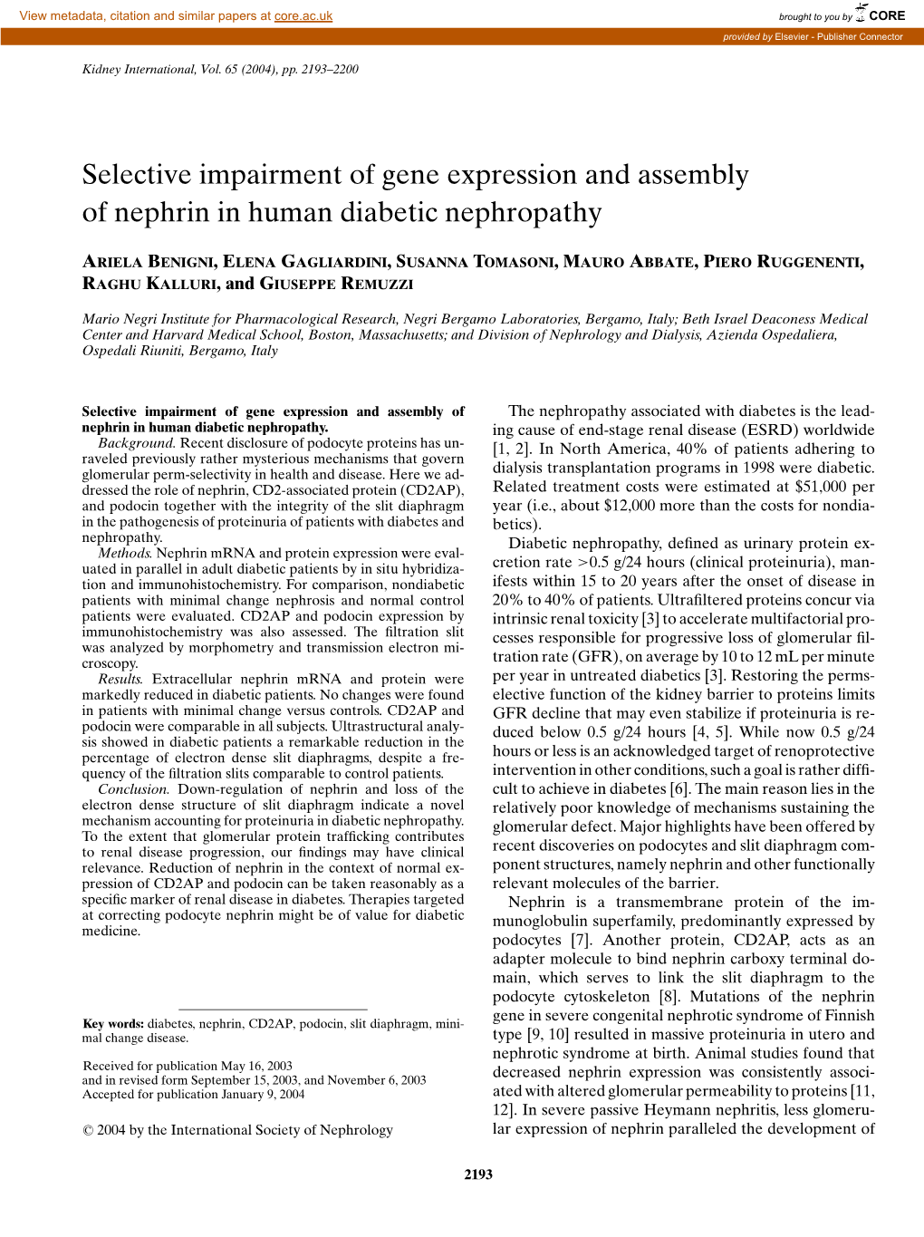 Selective Impairment of Gene Expression and Assembly of Nephrin in Human Diabetic Nephropathy