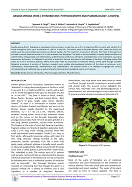 Randia Spinosa (Poir.): Ethnobotany, Phytochemistry and Pharmacology -A Review