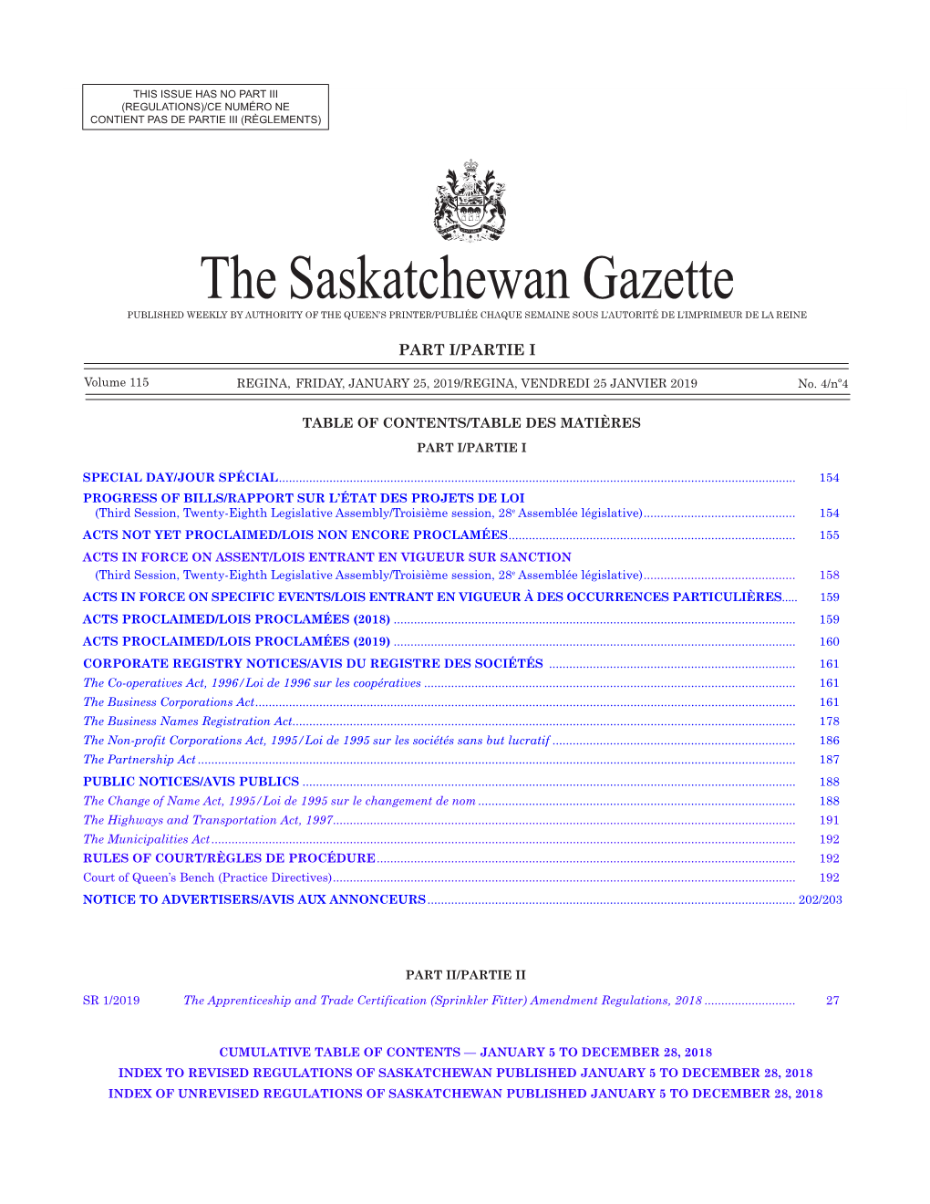 Gazette Part I, January 25, 2019