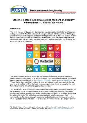 Stockholm Declaration: Sustaining Resilient and Healthy Communities – Joint Call for Action