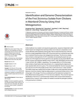 Identification and Genome Characterization of the First Sicinivirus Isolate from Chickens in Mainland China by Using Viral Metagenomics