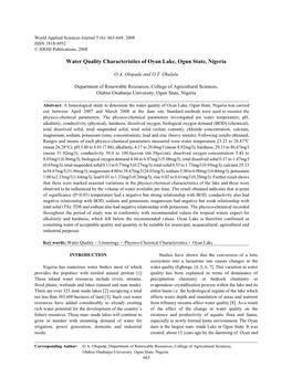 Water Quality Characteristics of Oyan Lake, Ogun State, Nigeria