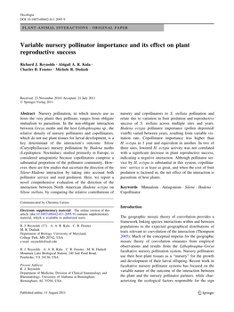 Variable Nursery Pollinator Importance and Its Effect on Plant Reproductive Success