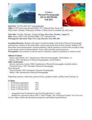 Syllabus Physical Oceanography OEAS 405/505/604 Fall 2021