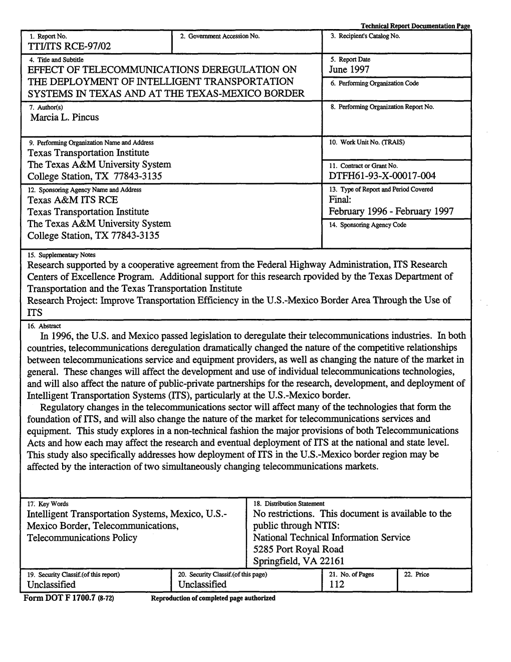 Effect of Telecommunications Deregulation on the Deployment of Intelligent Transportation Systems in Texas and at the Texas-Mexico Border