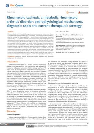 Rheumatoid Cachexia, a Metabolic Rheumatoid Arthritis Disorder: Pathophysiological Mechanisms, Diagnostic Tools and Current Therapeutic Strategy