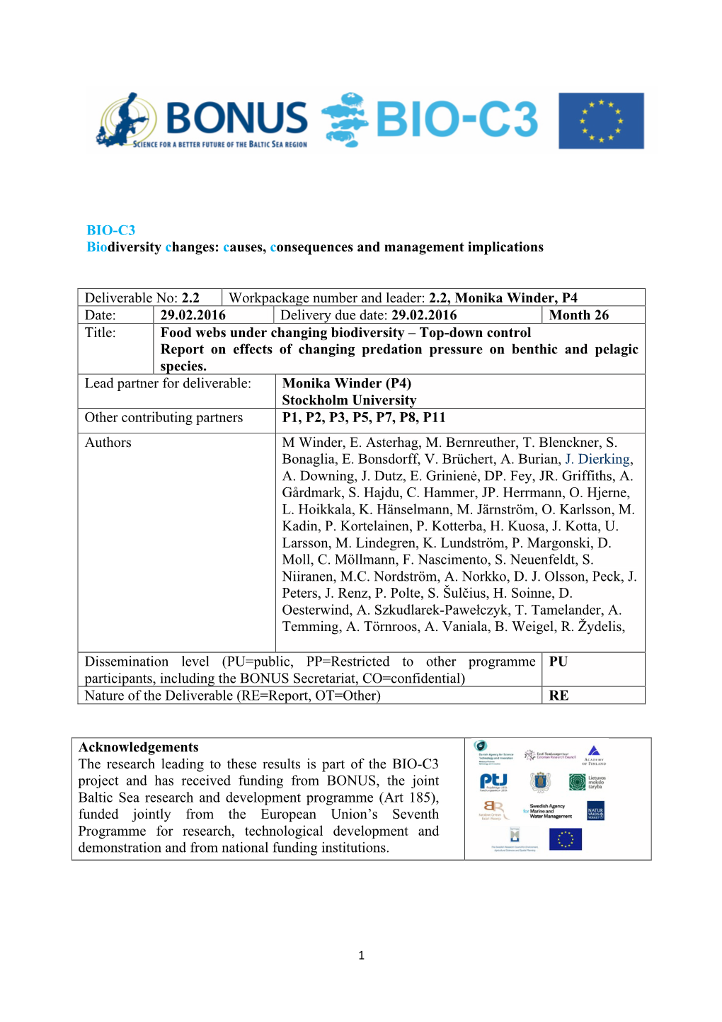 Food Webs Under Changing Biodiversity – Top-Down Control Report on Effects of Changing Predation Pressure on Benthic and Pelagic Species