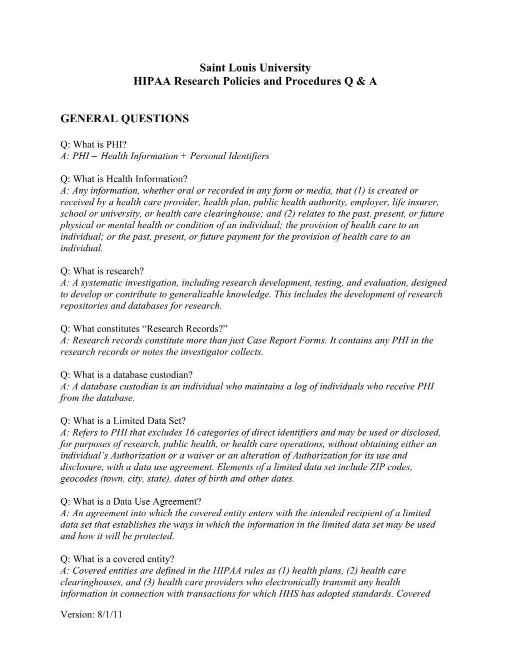 HIPAA Research Policies and Procedures Q & A