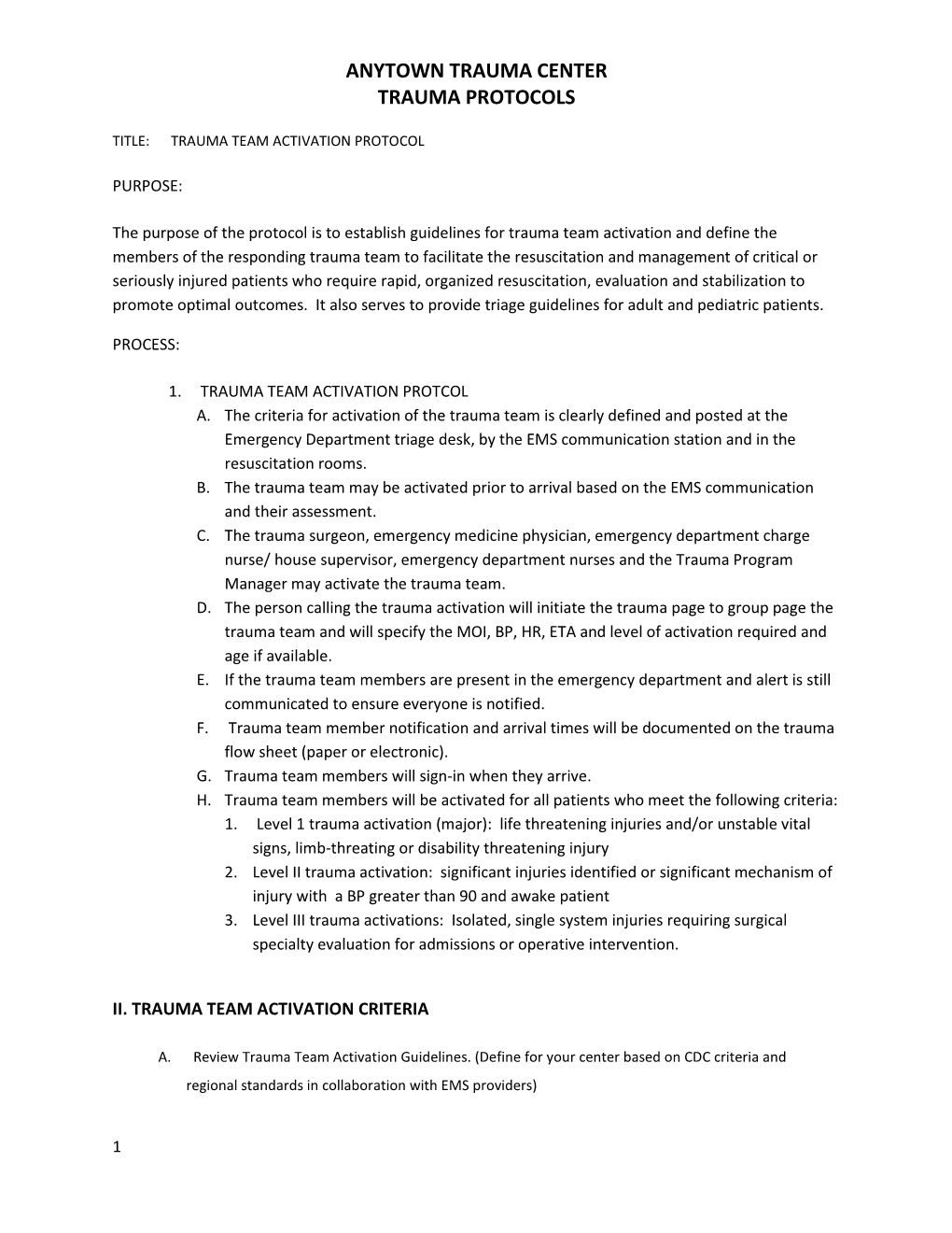 Anytown Trauma Center Trauma Protocols