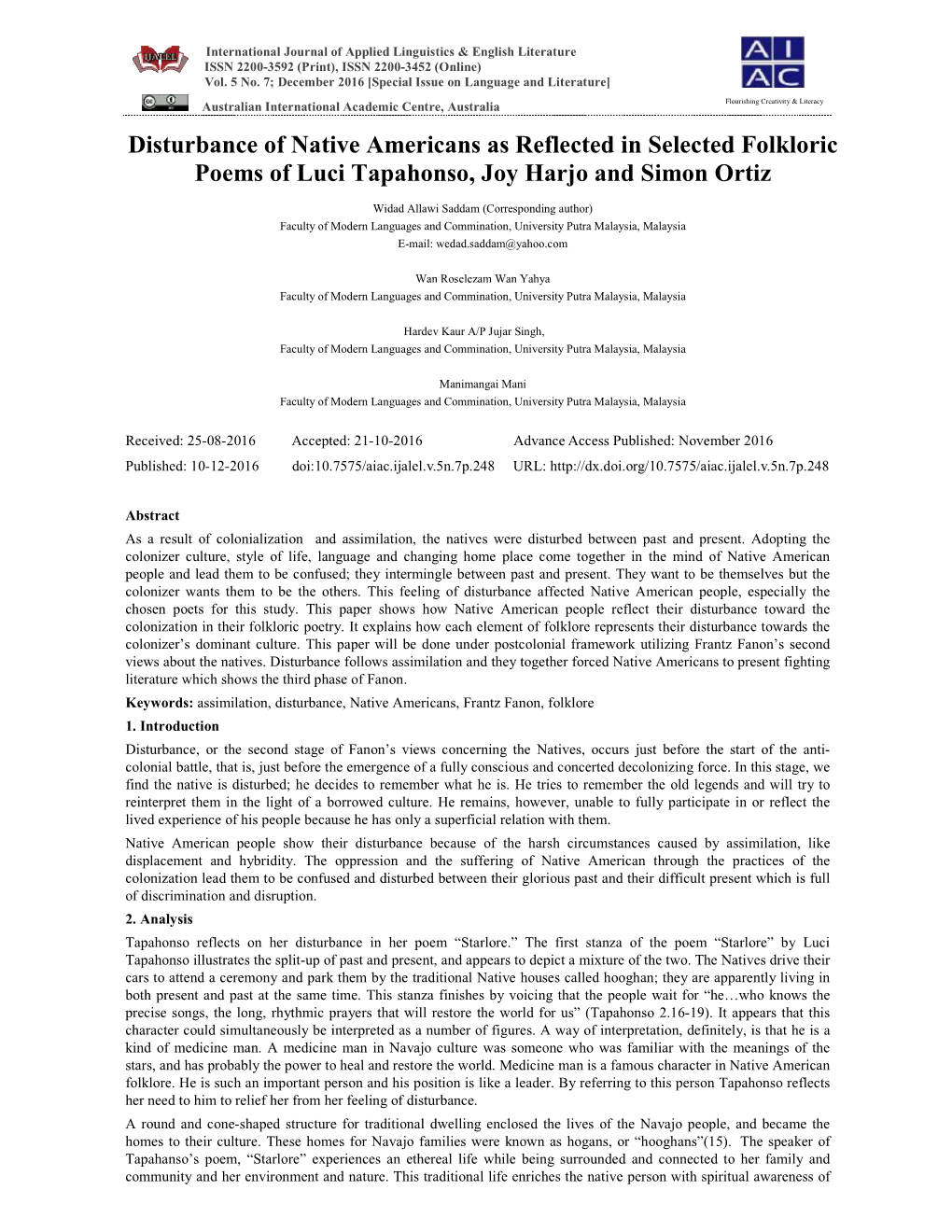 Disturbance of Native Americans As Reflected in Selected Folkloric Poems of Luci Tapahonso, Joy Harjo and Simon Ortiz