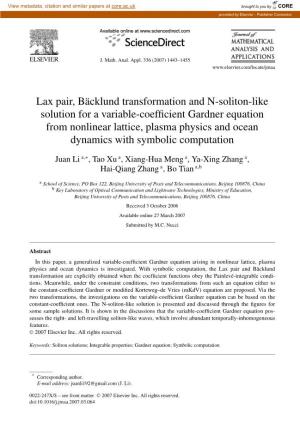 Lax Pair, Bäcklund Transformation and N-Soliton-Like Solution for a Variable-Coefficient Gardner Equation from Nonlinear Lattic