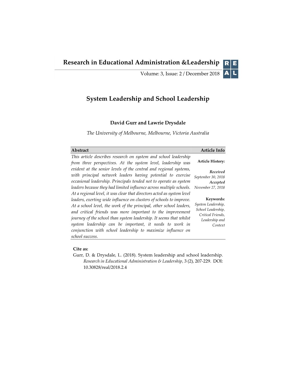 Research in Educational Administration &Leadership System