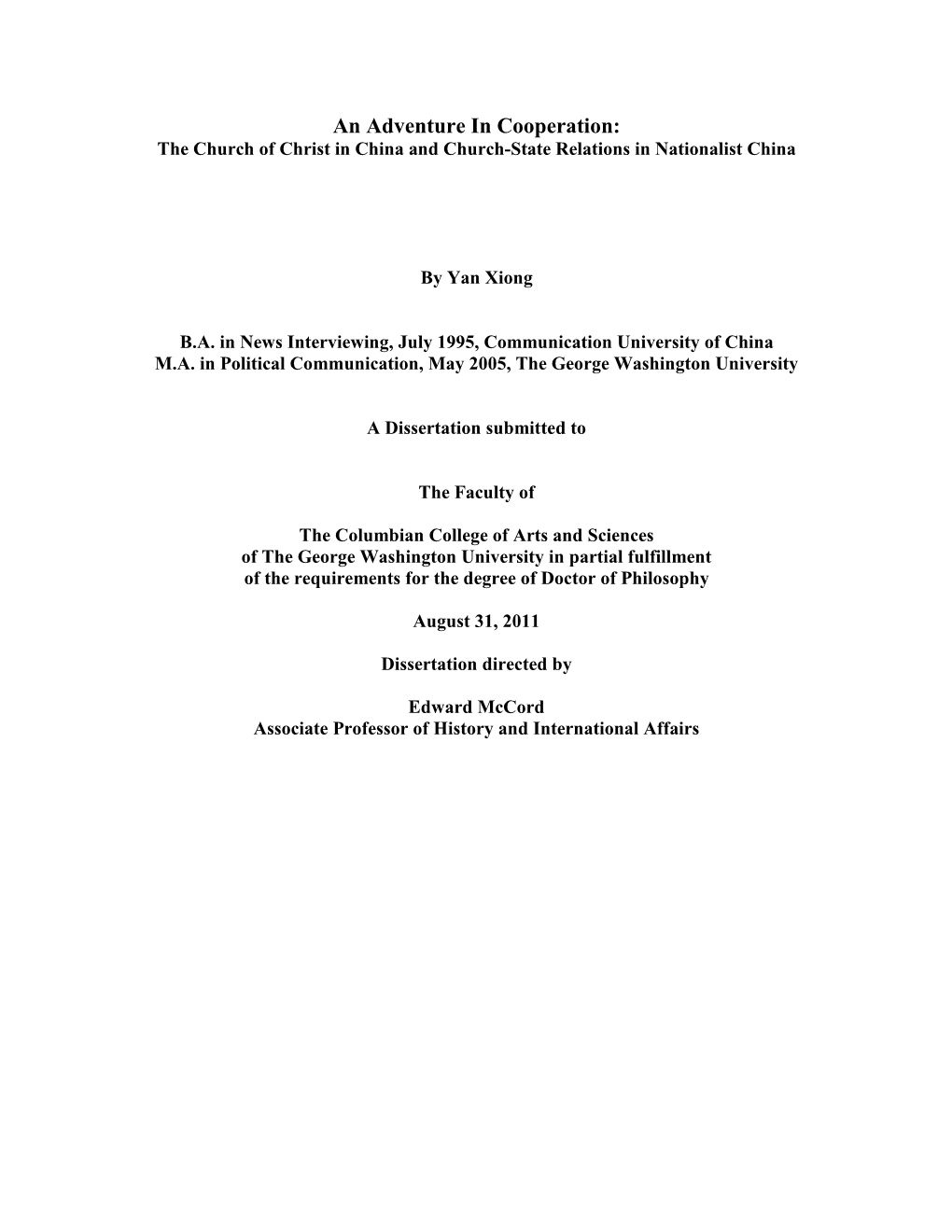 An Adventure in Cooperation: the Church of Christ in China and Church-State Relations in Nationalist China