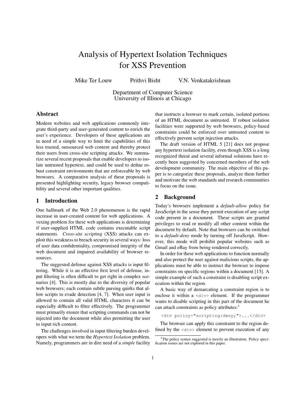 Analysis of Hypertext Markup Isolation Techniques for XSS Prevention