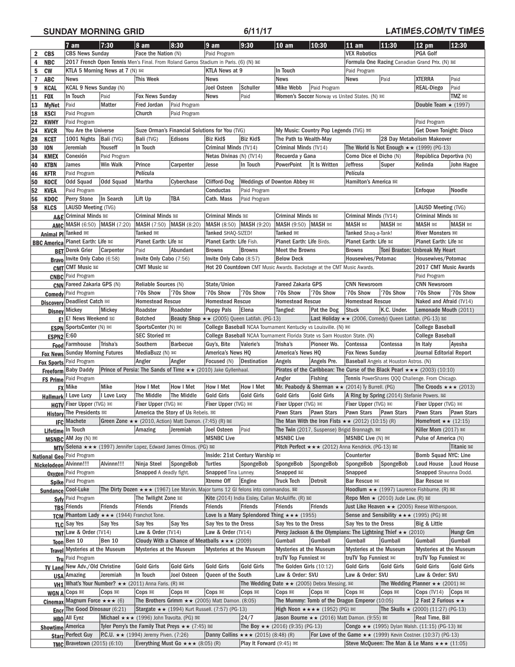 Sunday Morning Grid 6/11/17 Latimes.Com/Tv Times