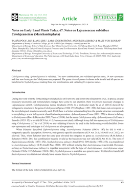 Notes on Early Land Plants Today. 67. Notes on Lejeuneaceae Subtribus Cololejeuneinae (Marchantiophyta)