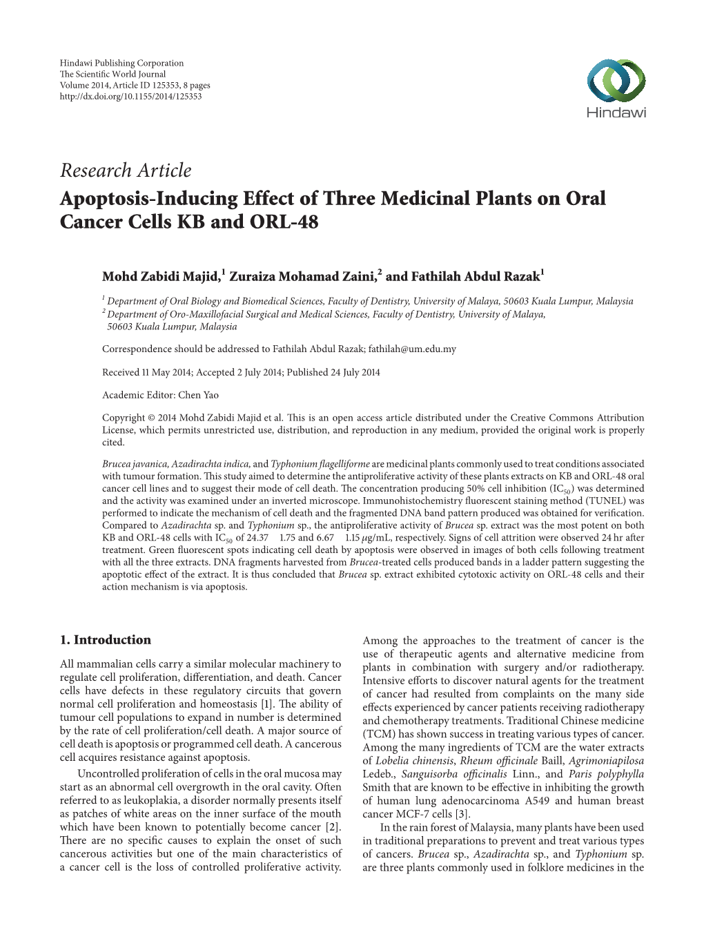 Apoptosis-Inducing Effect of Three Medicinal Plants on Oral Cancer Cells KB and ORL-48