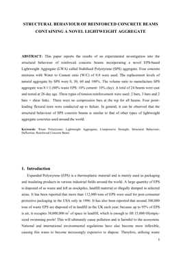 STRUCTURAL BEHAVIOUR of REINFORCED CONCRETE BEAMS CONTAINING a NOVEL LIGHTWEIGHT AGGREGATE 1. Introduction