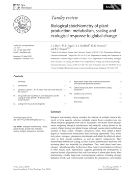 Tansley Review Biological Stoichiometry of Plant Production: Metabolism, Scaling and Ecological Response to Global Change