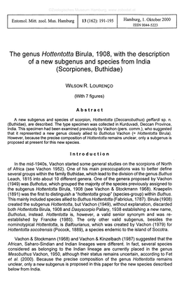 The Genus Hottentotta Birula, 1908, with the Description of a New Subgenus and Species from India (Scorpiones, Buthidae)