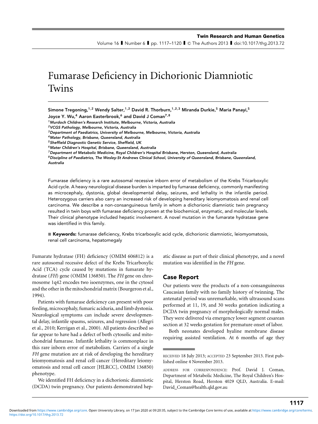 Fumarase Deficiency in Dichorionic Diamniotic Twins