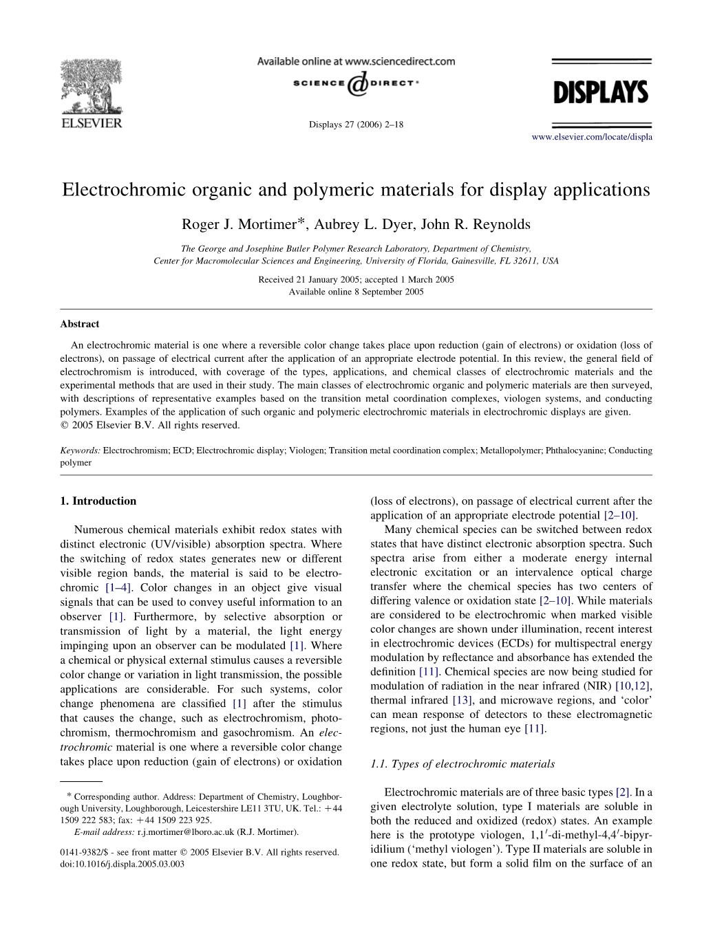 Electrochromic Organic and Polymeric Materials for Display Applications