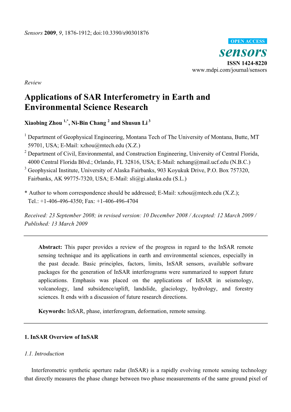 Applications of SAR Interferometry in Earth and Environmental Science Research