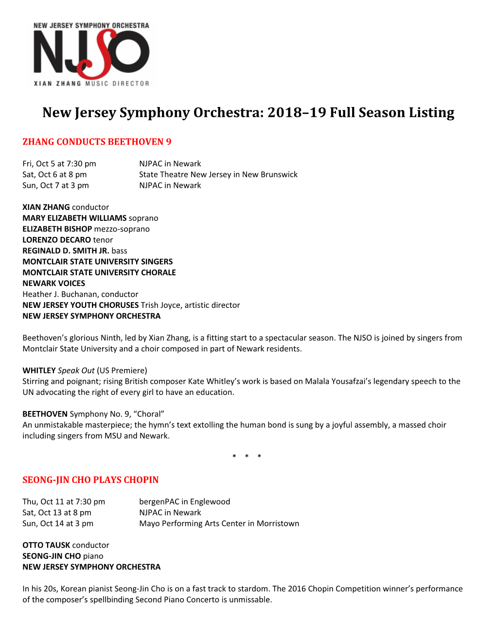 2018–19 Full Season Listing