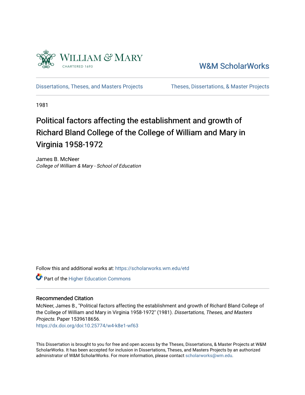 Political Factors Affecting the Establishment and Growth of Richard Bland College of the College of William and Mary in Virginia 1958-1972