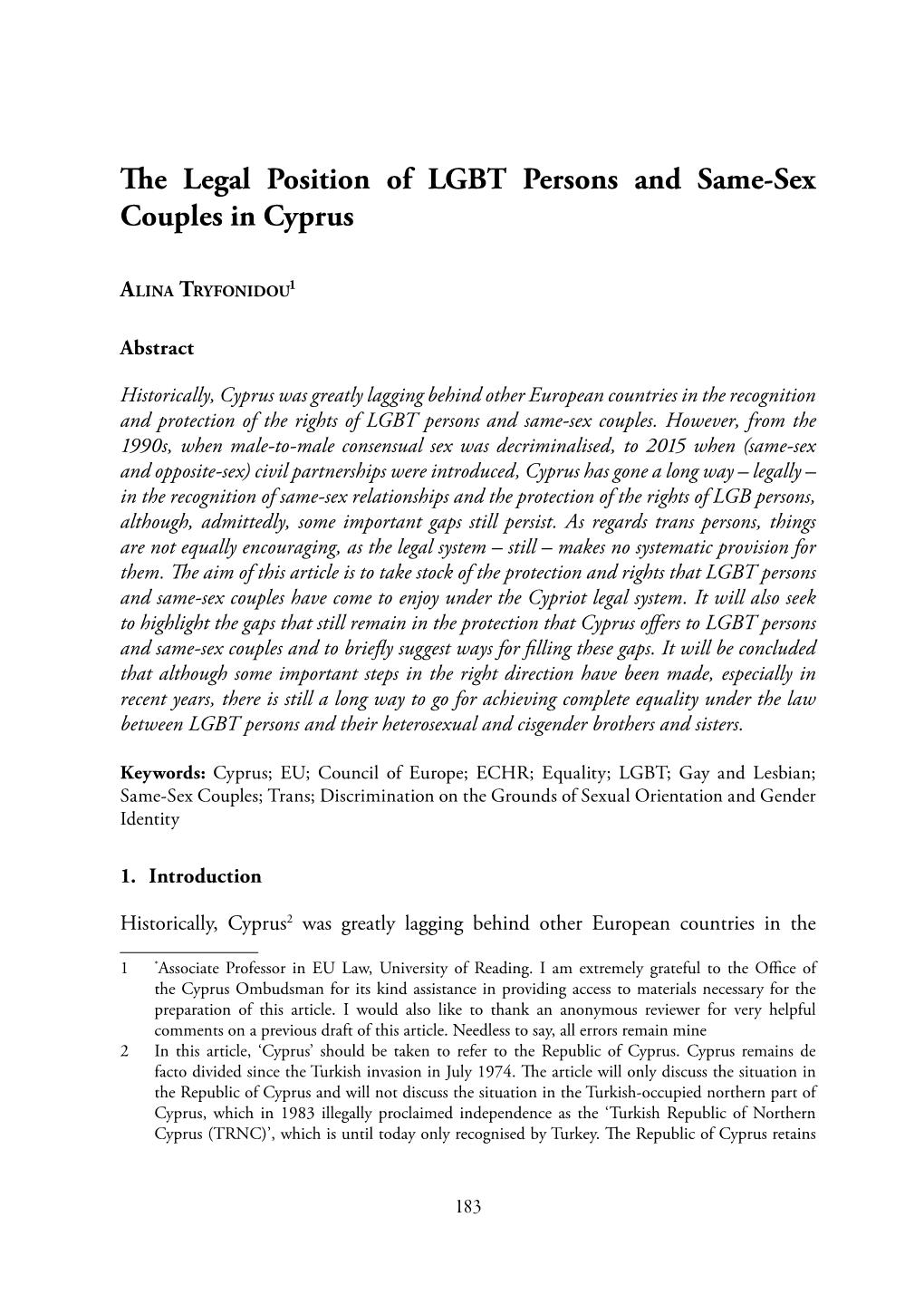 The Legal Position of LGBT Persons and Same-Sex Couples in Cyprus