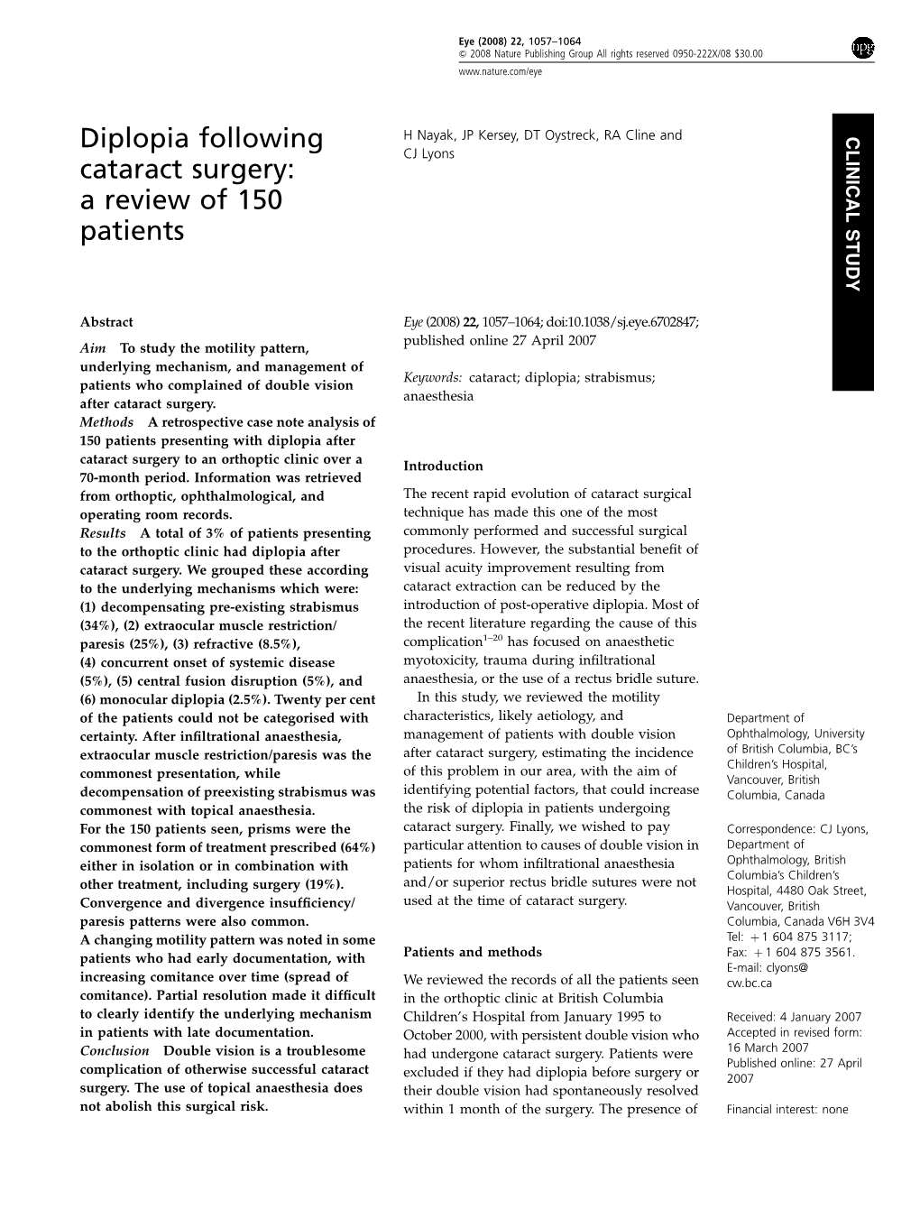 Diplopia Following Cataract Surgery: a Review of 150 Patients