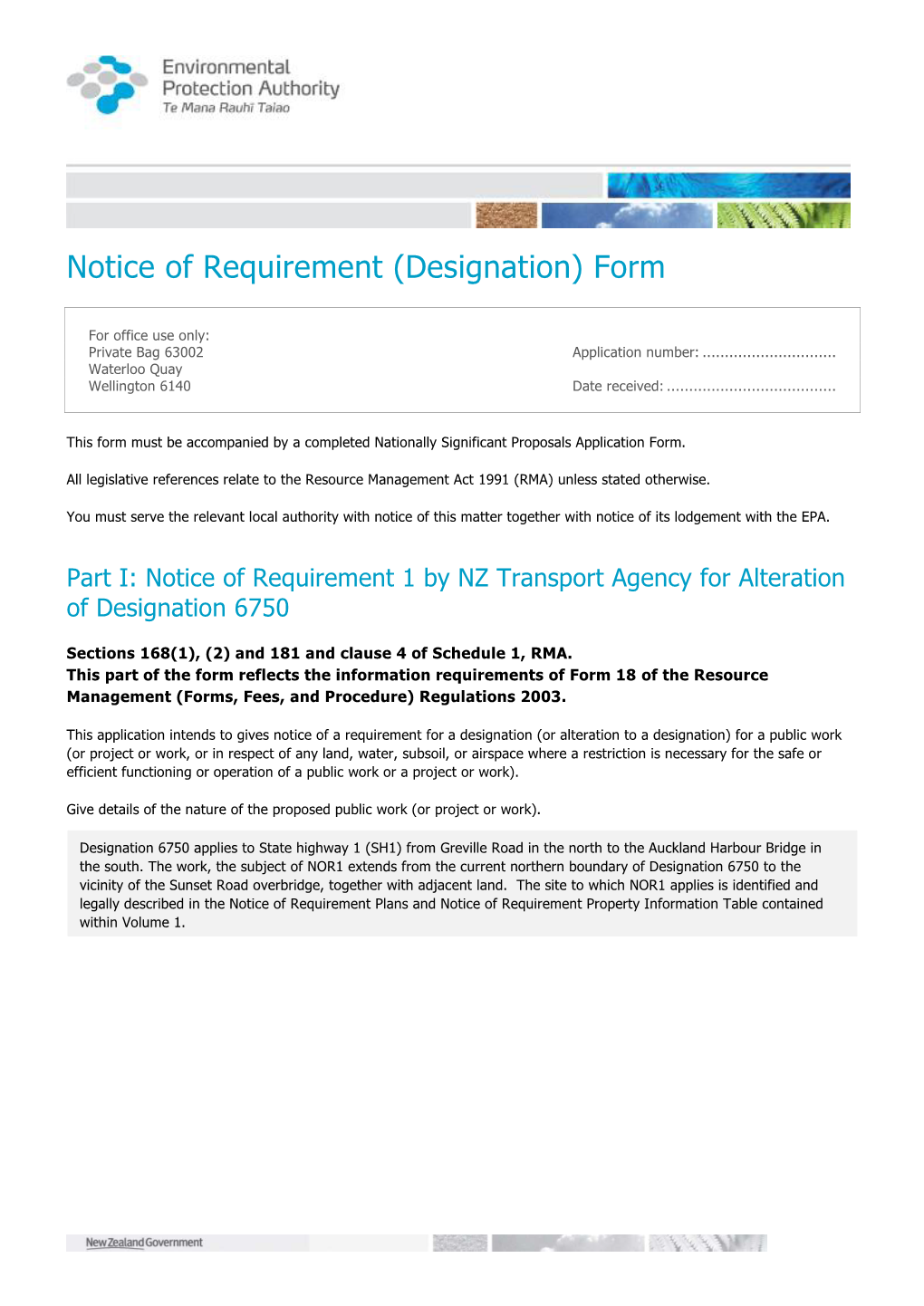 Notice of Requirement (Designation) Form