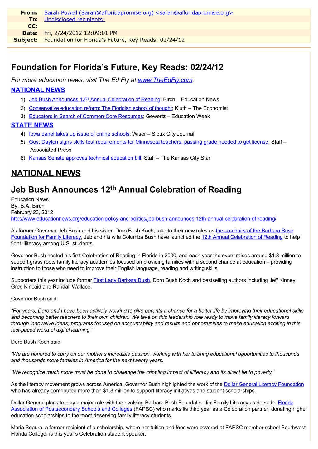 02/24/12 NATIONAL NEWS Jeb Bush Announces 12Th Annual