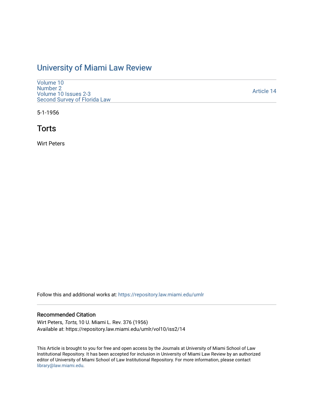 University of Miami Law Review Torts